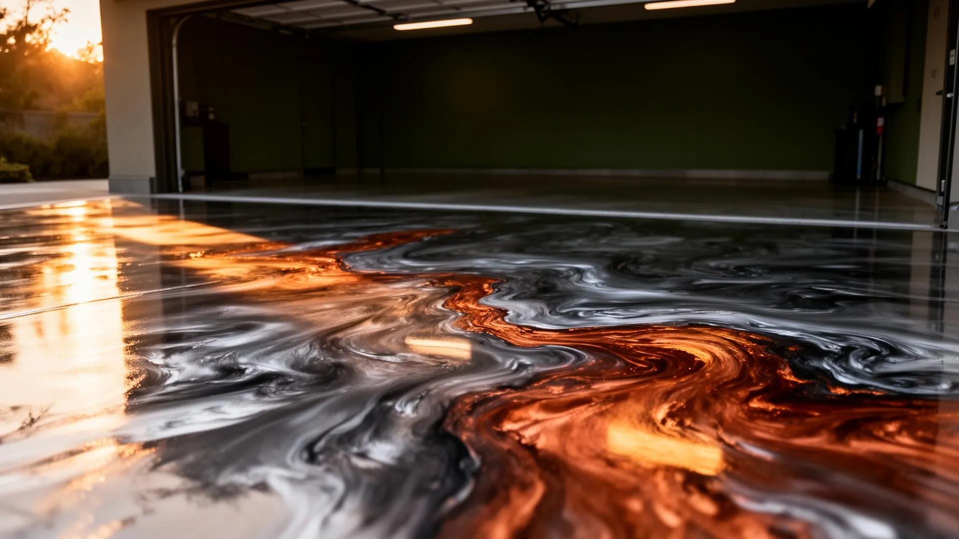 Luxurious metallic resin floor with copper and silver swirls